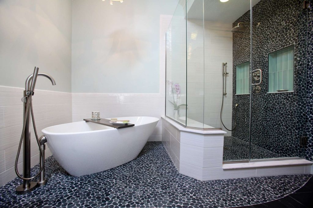 Patterned floor and wall tiles bathroom